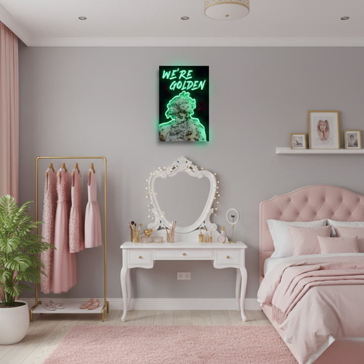 We're Golden UV Art LED Neon Sign by LEDNeons - perfect for uplifting wall décor and modern interiors.
