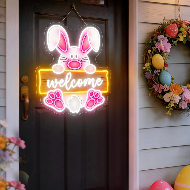 Welcome Bunny Easter neon sign glowing on wall by LEDNeons