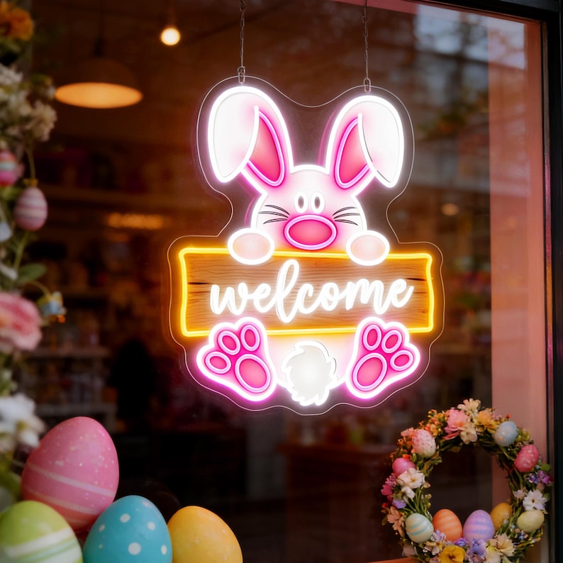 Welcome Bunny Easter neon sign glowing on wall by LEDNeons