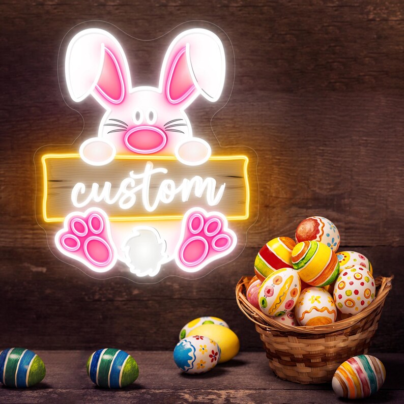 Welcome Bunny Easter neon sign glowing on wall by LEDNeons