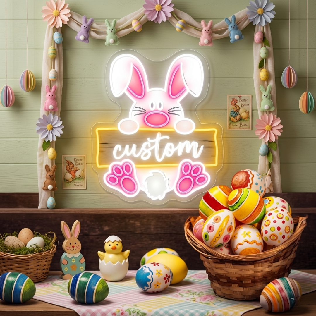 Welcome Bunny Easter neon sign glowing on wall by LEDNeons
