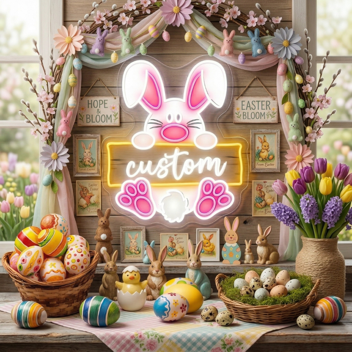 Welcome Bunny Easter neon sign glowing on wall by LEDNeons