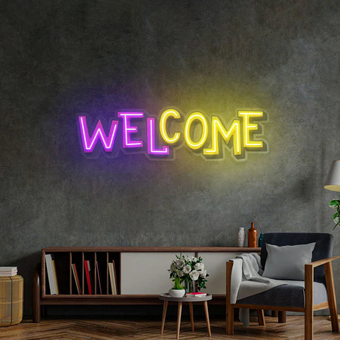 Welcome UV Art LED Neon Sign in purple and yellow color by LEDNeons - designed to create a warm and inviting atmosphere