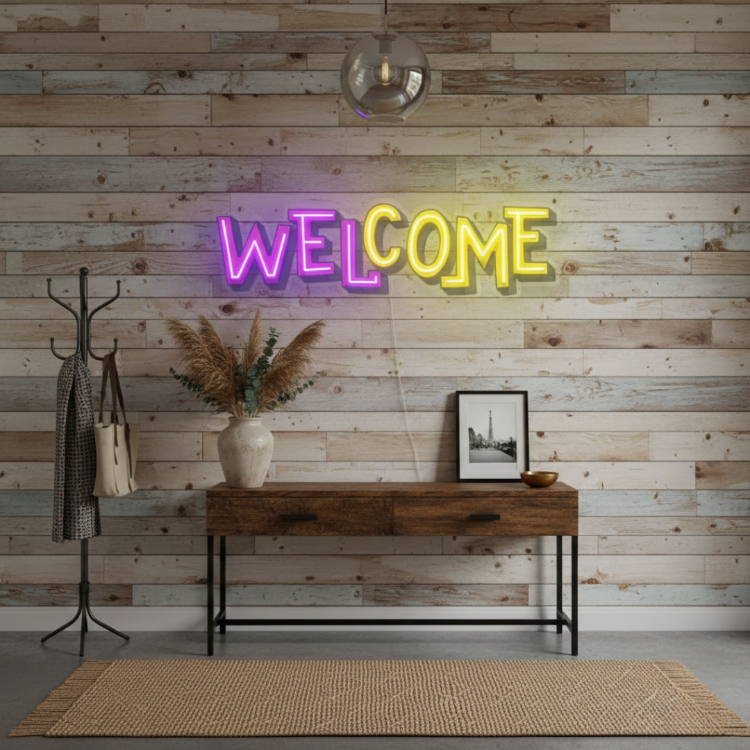 Welcome UV Art LED Neon Sign in purple and yellow color by LEDNeons - designed to create a warm and inviting atmosphere