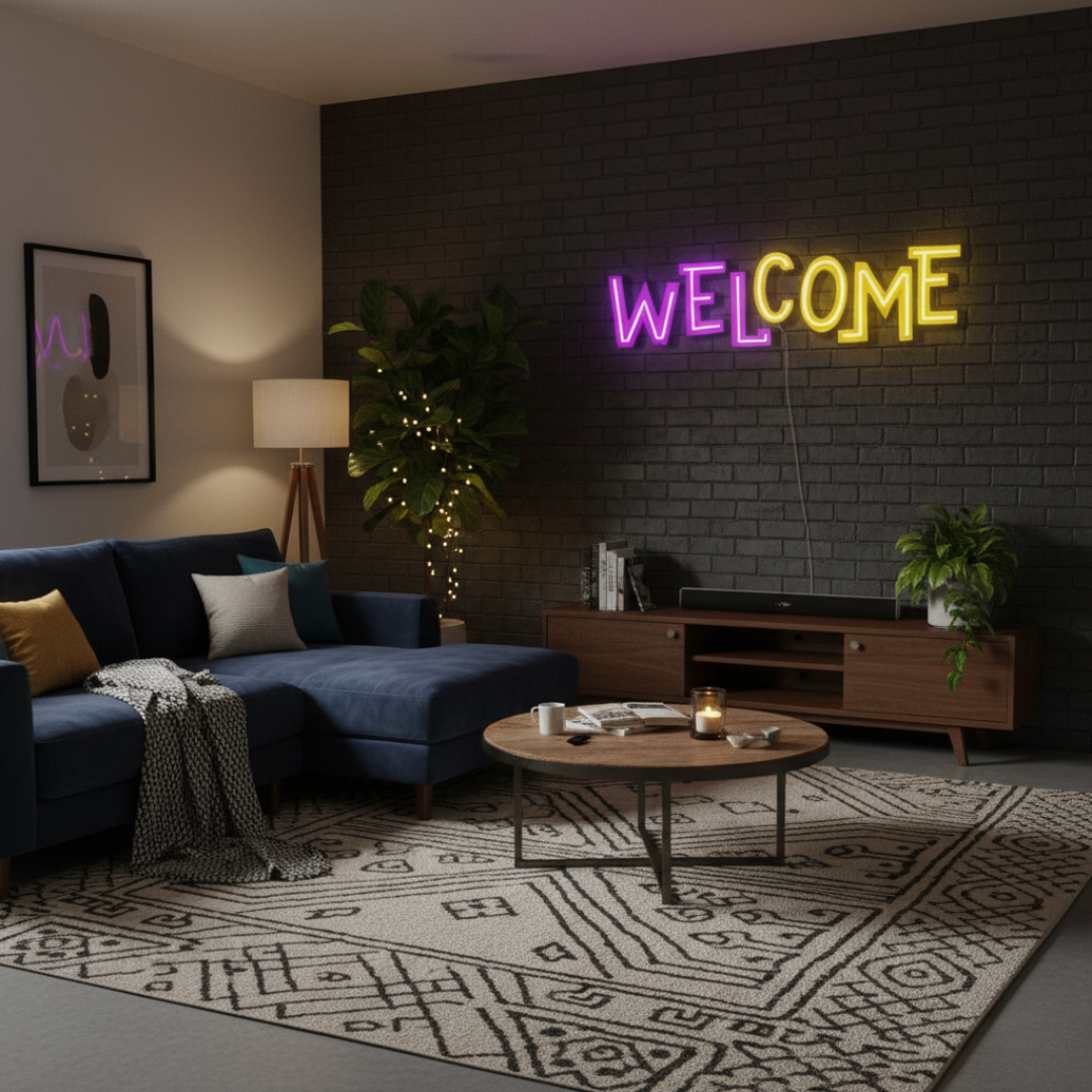 Welcome UV Art LED Neon Sign in purple and yellow color by LEDNeons - designed to create a warm and inviting atmosphere