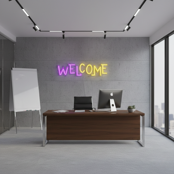 Welcome UV Art LED Neon Sign in purple and yellow color by LEDNeons - designed to create a warm and inviting atmosphere