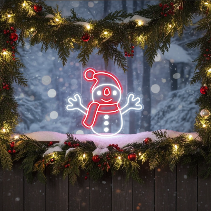 White and Red Snowman Merry Christmas Neon Sign by LEDNeons -  on window 