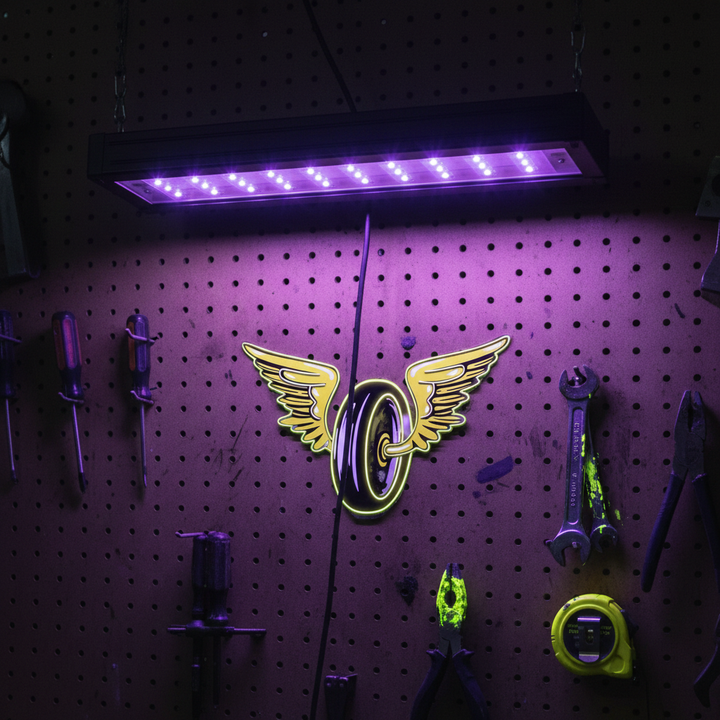Wing Wheels UV Neon Light by LEDNeons – dynamic glowing design featuring winged wheels in vivid UV neon colors 