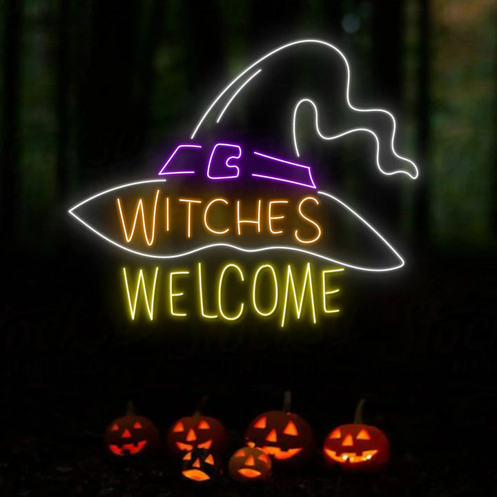Witches Welcome Magician Hat Halloween LED Neon Sign by LEDNeons  - Dark Theme