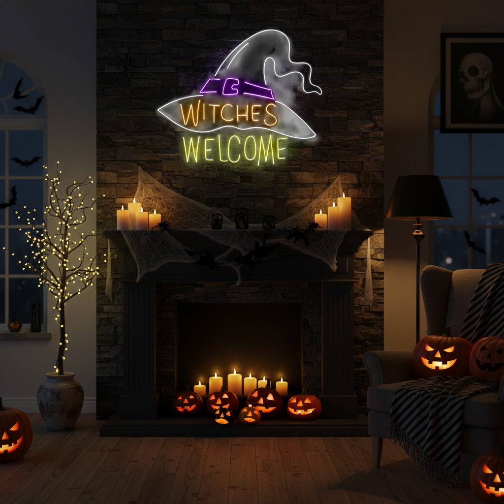 Witches Welcome Magician Hat Halloween LED Neon Sign by LEDNeons  