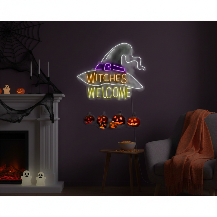 Witches Welcome Magician Hat Halloween LED Neon Sign by LEDNeons  