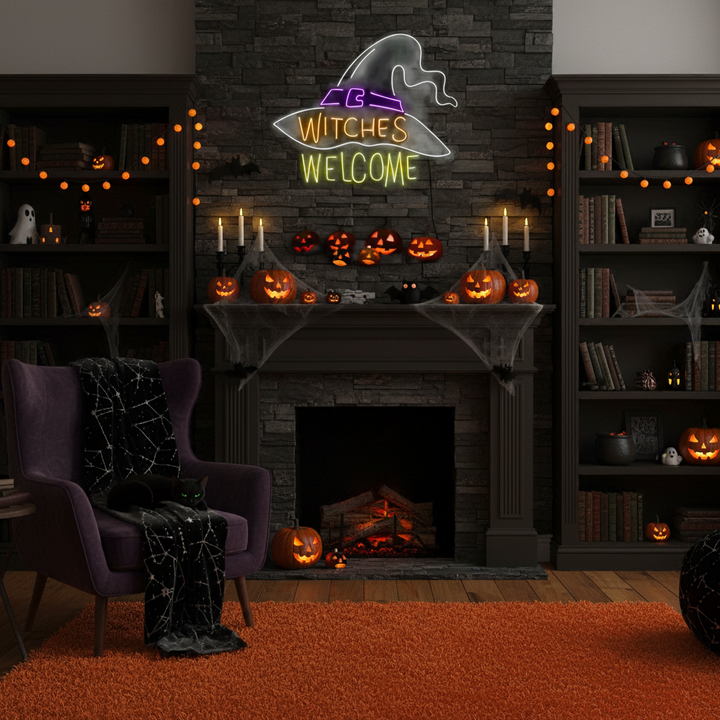 Witches Welcome Magician Hat Halloween LED Neon Sign by LEDNeons  