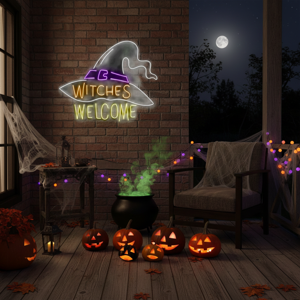 Witches Welcome Magician Hat Halloween LED Neon Sign by LEDNeons  