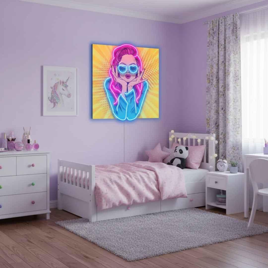 Woman Retro UV Art LED Neon Sign in yellow and Pink color by LEDNeons - Light Theme 