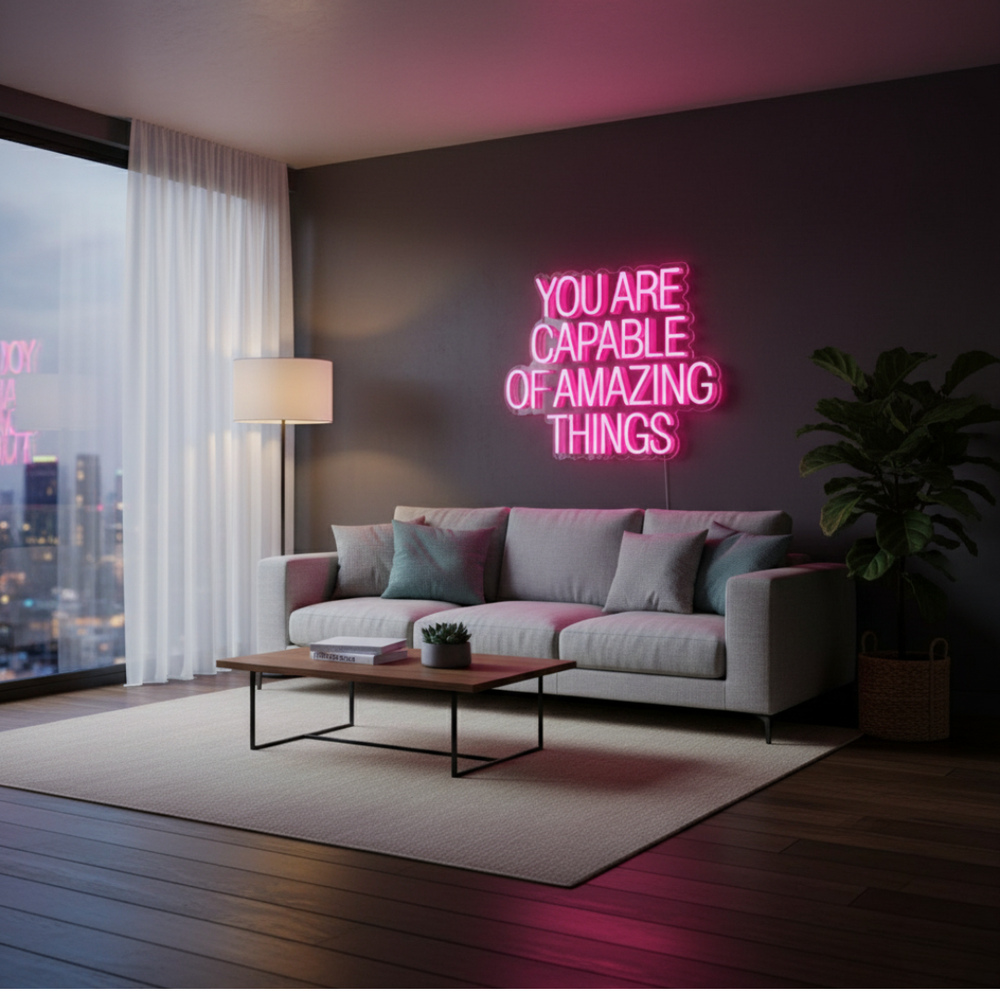 You Are Capable Of Amazing Things motivational LED Neon Sign by LEDNeons, glowing inspirational wall light for home, office, or studio décor.