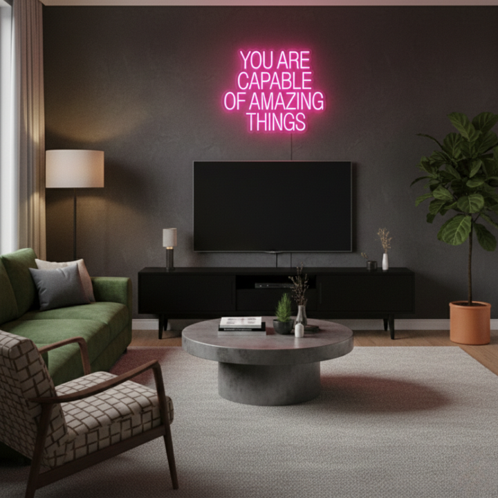 You Are Capable Of Amazing Things motivational LED Neon Sign by LEDNeons, glowing inspirational wall light for home, office, or studio décor.