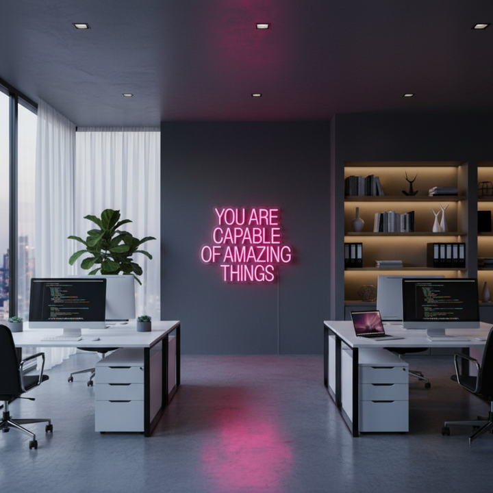 You Are Capable Of Amazing Things motivational LED Neon Sign by LEDNeons, glowing inspirational wall light for home, office, or studio décor.