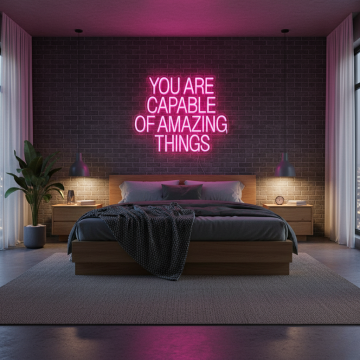 You Are Capable Of Amazing Things motivational LED Neon Sign by LEDNeons, glowing inspirational wall light for home, office, or studio décor.