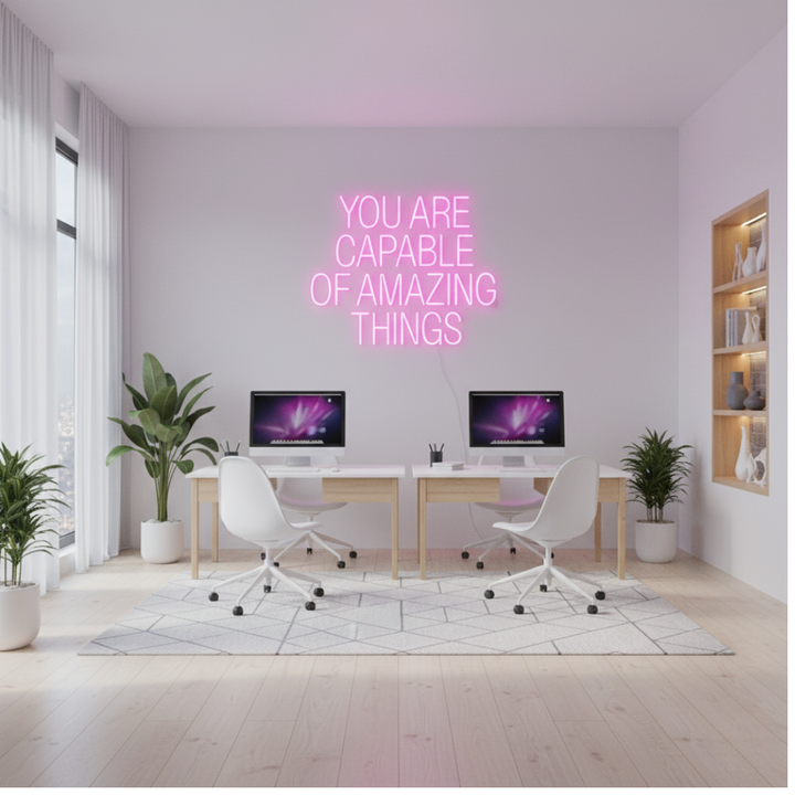 You Are Capable Of Amazing Things motivational LED Neon Sign by LEDNeons, glowing inspirational wall light for home, office, or studio décor.