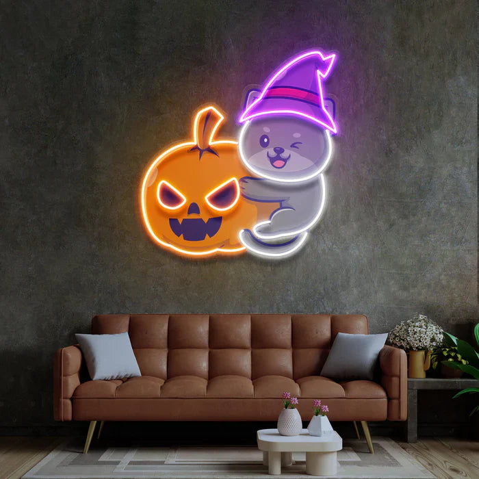 Dog And Pumpkin Halloween LED Neon Sign by LEDNeons - Sofa View