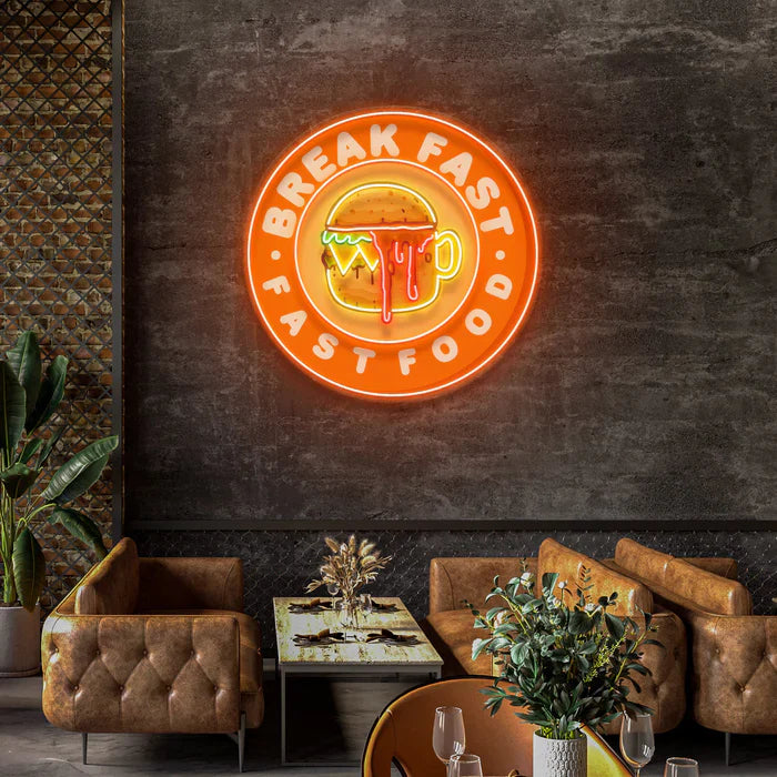 Fast Food Hamburger And Coffee UV Art LED Neon Sign in orange colour by LEDNeons - great for cafés, kitchens, and modern interiors.