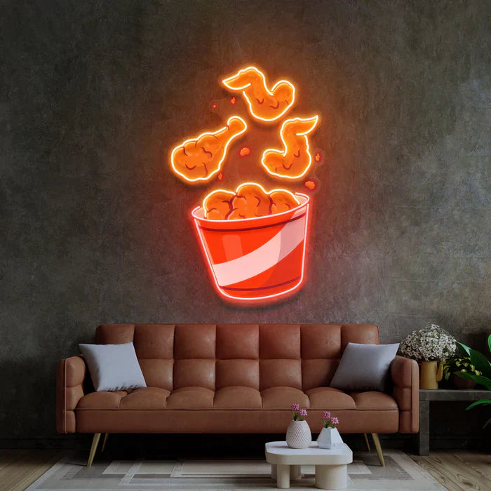 Flying Fried Chicken UV Art LED Neon Sign in white and orange colour by LEDNeons - adding humor and charm to modern interiors.