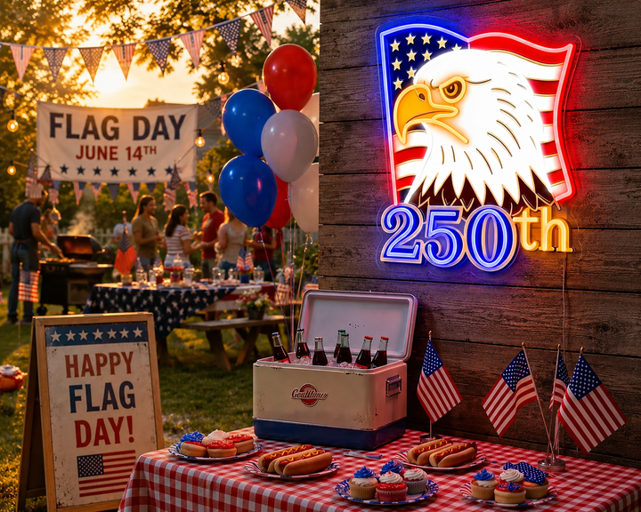 250th Anniversary Eagle Neon Sign at Flag Day Celebration