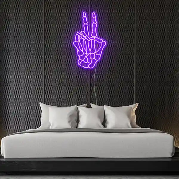 Skeleton Hand Peace Halloween LED Neon Sign by LEDNeons - casting a fun yet creepy glow for Halloween setups.