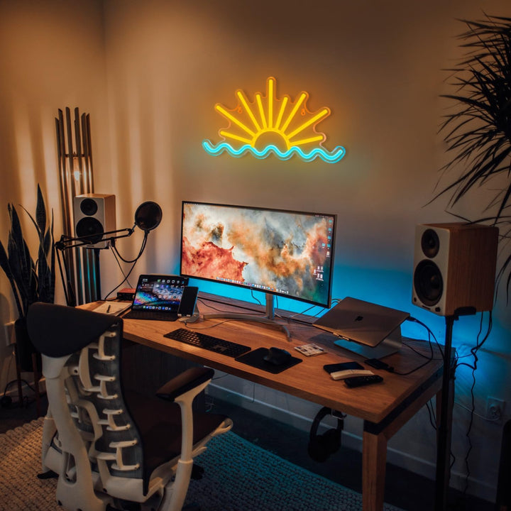 Sunrise Sunset Home" LED neon sign by LEDNeons  - creating a warm and serene ambiance in a cozy home setting.