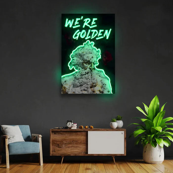 We're Golden UV Art LED Neon Sign by LEDNeons - perfect for uplifting wall décor and modern interiors.